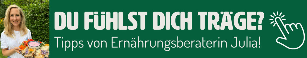 KI generiert: Eine Frau hält einen Gemüsekorb. Text: "DU FÜHLST DICH TRÄGE? Tipps von Ernährungsberaterin Julia!"