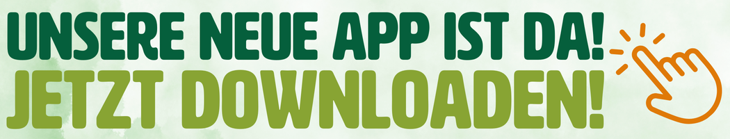 KI generiert: Ein Werbebanner; Text: "UNSERE NEUE APP IST DA! JETZT DOWNLOADEN!" mit einem Klicksymbol.