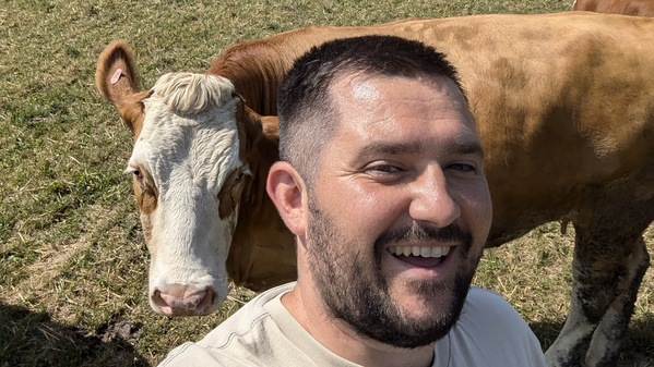 KI generiert: Ein Mann macht ein Selfie auf einer Wiese mit einer Kuh im Hintergrund.