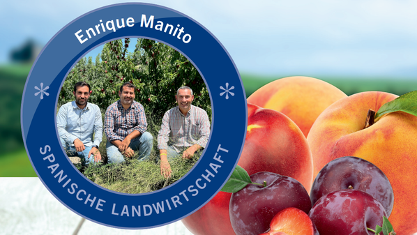 KI generiert: Bild zeigt drei Männer im Freien und Obst. Text: "Enrique Manito SPANISCHE LANDWIRTSCHAFT".
