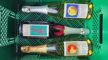 KI generiert: Grüne Kiste mit vier Flaschen Bio-Schaumwein vom Seppelbauer Hof.