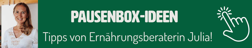 KI generiert: Werbung für Pausenbox-Ideen mit Foto einer Frau. Text: "PAUSENBOX-IDEEN Tipps von Ernährungsberaterin Julia!"