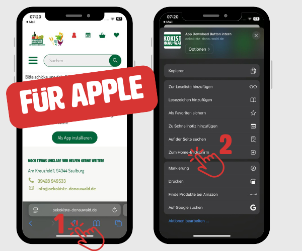 KI generiert: Anleitung zum Hinzufügen einer Webseite zum Home-Bildschirm auf einem Apple-Gerät. Text: "FÜR APPLE".