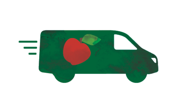 KI generiert: Das Bild zeigt einen stilisierten grünen Lieferwagen mit einem roten Apfel und einem grünen Blatt auf der Seite. Der Wagen scheint in Bewegung zu sein, wie die Bewegungslinien andeuten.