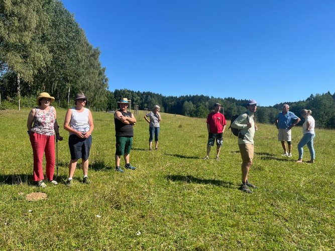 KI generiert: Gruppe von Menschen steht auf einer grünen Wiese unter blauem Himmel.