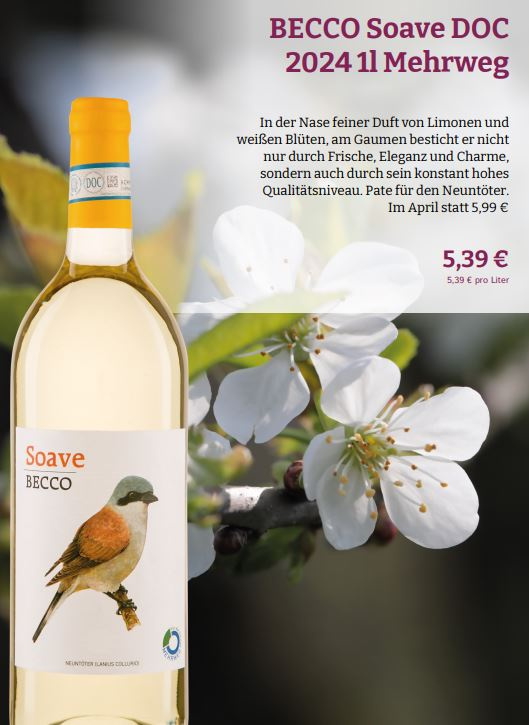 KI generiert: Weinflasche Soave BECCO vor Blütenhintergrund, Preis: 5,39 €, Angebotsdetails oben rechts.