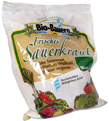 KI generiert: Verpackung mit frischem Sauerkraut, Bio-Qualität. Text: "Frisches Sauerkraut", "Aus kontrolliert ökologischem Anbau".