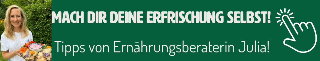 KI generiert: Eine Frau hält einen Obstteller. Text: "MACH DIR DEINE ERFRISCHUNG SELBST! Tipps von Ernährungsberaterin Julia!"