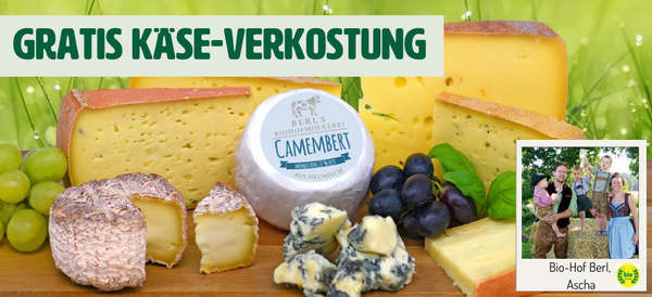 KI generiert: Das Bild zeigt verschiedene Käsesorten, darunter Camembert und Blaukäse, dekoriert mit Trauben, mit dem Hinweis auf eine „GRATIS KÄSE-VERKOSTUNG“. Rechts unten befindet sich ein kleines Foto mit Menschen und der Aufschrift „Bio-Hof Berl, Ascha“.
