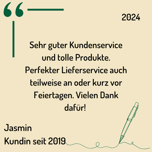 KI generiert: Das Bild zeigt ein Kundenfeedback, in dem „Jasmin“ den exzellenten Kundenservice und die hochwertigen Produkte lobt, sowie den zuverlässigen Lieferservice, der sogar rund um Feiertage klappt. Es ist mit einer Zitatgrafik versehen und enthält das Jahr 2024.