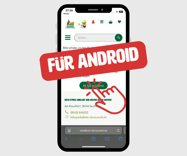 KI generiert: Smartphone-Screen, Website der Ökokiste Donauwörth. Text: "FÜR ANDROID", "Als App installieren".