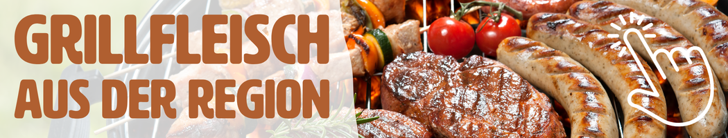 KI generiert: Gegrilltes Fleisch mit Würstchen. Text: "GRILLFLEISCH AUS DER REGION"