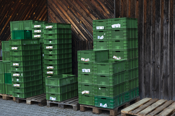 KI generiert: Grüne Kisten auf Paletten vor Holzwand gestapelt.
