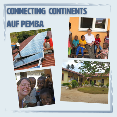 KI generiert: Das Bild zeigt mehrere Szenen eines Projekts auf Pemba, einschließlich des Installierens von Solarpanels und Interaktionen mit Kindern. Der Hauptinhalt ist die Förderung von Bildung und Nachhaltigkeit durch erneuerbare Energien.