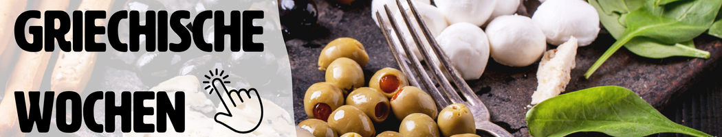KI generiert: Oliven, Mozzarella und Spinat auf einem Tisch. Text: "GRIECHISCHE WOCHEN".