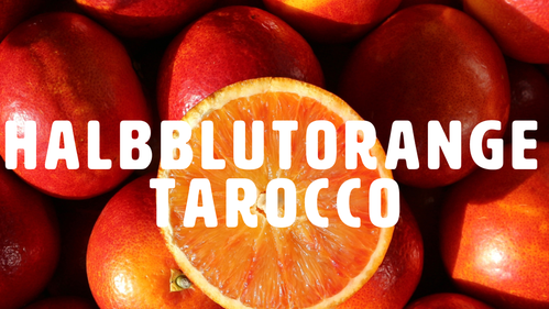 KI generiert: Das Bild zeigt eine Ansammlung von Tarocco-Blutorangen, wobei eine Orange in der Mitte halbiert ist und das Fruchtfleisch sichtbar ist. Darüber liegt der Text "HALBBLUTORANGE TAROCCO".