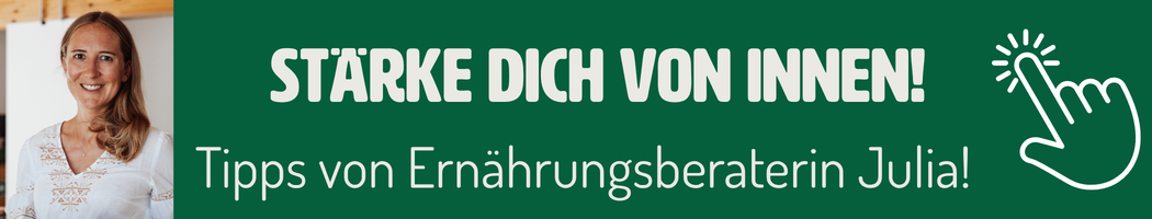 KI-generierte Beschreibung: Das Bild zeigt eine Ernährungsberaterin mit dem Text: "STÄRKE DICH VON INNEN! Tipps von Ernährungsberaterin Julia!"