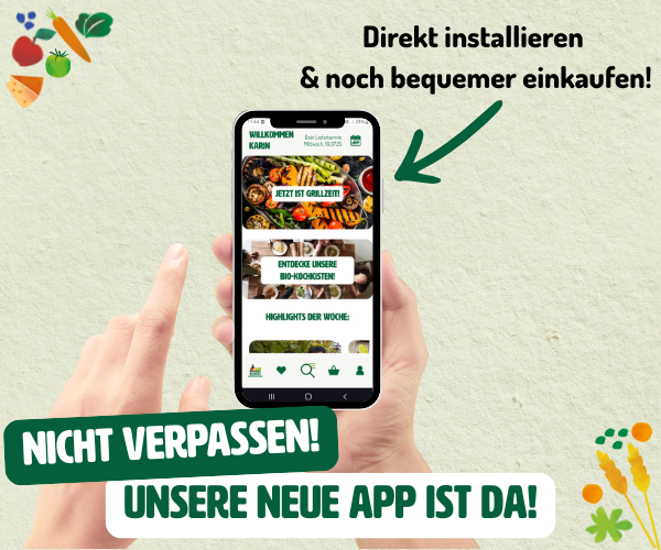 KI generiert: Ein Handy mit App. Text: "NICHT VERPASSEN! UNSERE NEUE APP IST DA! Direkt installieren & noch bequemer einkaufen!"