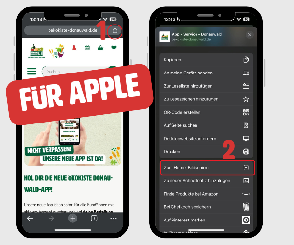 KI generiert: Zwei Smartphone-Screens zeigen Anleitungen zur Installation der Ökokiste-Donauwald-App. Text: "NICHT VERPASSEN!".