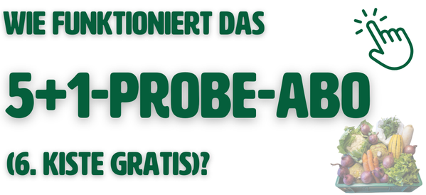 KI generiert: Das Bild bewirbt ein "5+1-Probe-Abo" mit einer kostenlosen 6. Kiste. Es zeigt Text mit einer stilisierten Hand, die auf den Text zeigt, sowie ein Bild von einer Obst- und Gemüsekiste.