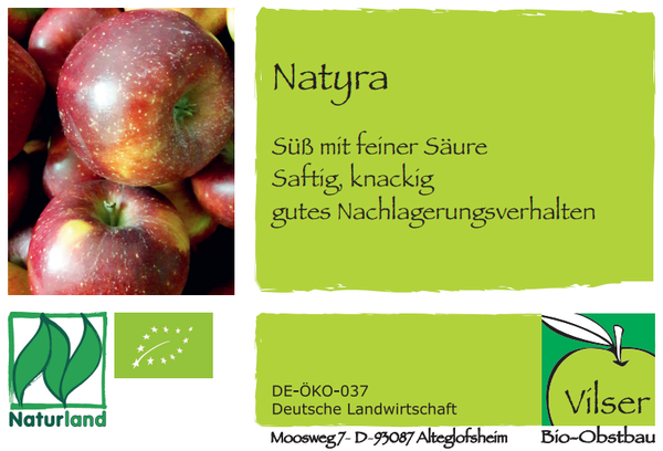 KI generiert: Äpfel, Text: Natyra, süß mit feiner Säure, saftig, knackig, gutes Nachlagerungsverhalten. Naturland, Vilser.