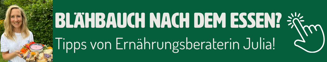 KI generiert: Eine Frau hält Essen. Text: "BLÄHBAUCH NACH DEM ESSEN? Tipps von Ernährungsberaterin Julia!"