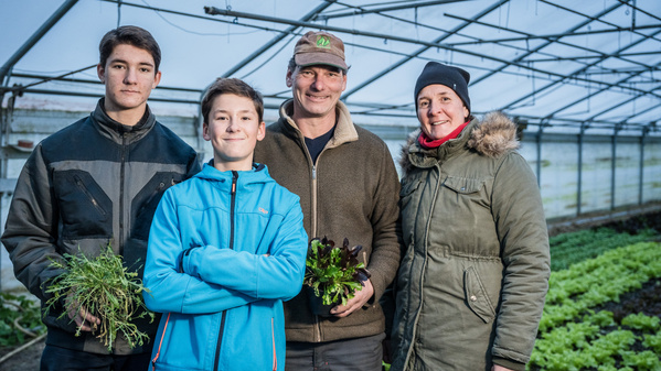 KI generiert: Eine Familie steht in einem Gewächshaus mit geerntetem Gemüse.