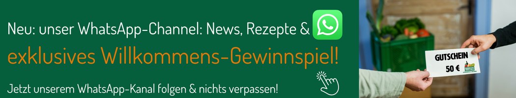 KI generiert: WhatsApp-Kanal-Ankündigung mit Hinweis auf Willkommens-Gewinnspiel und ein Gutschein wird überreicht.