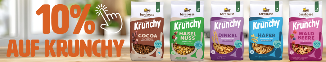 KI generiert: Fünf Krunchy-Müslipackungen. Text: "10% AUF KRUNCHY".