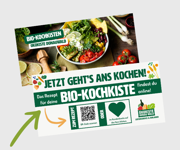 KI generiert: Bio-Zutaten und Hinweis auf Bio-Kochkiste. Text: "JETZT GEHT'S ANS KOCHEN! BIO-KOCHKISTE"
