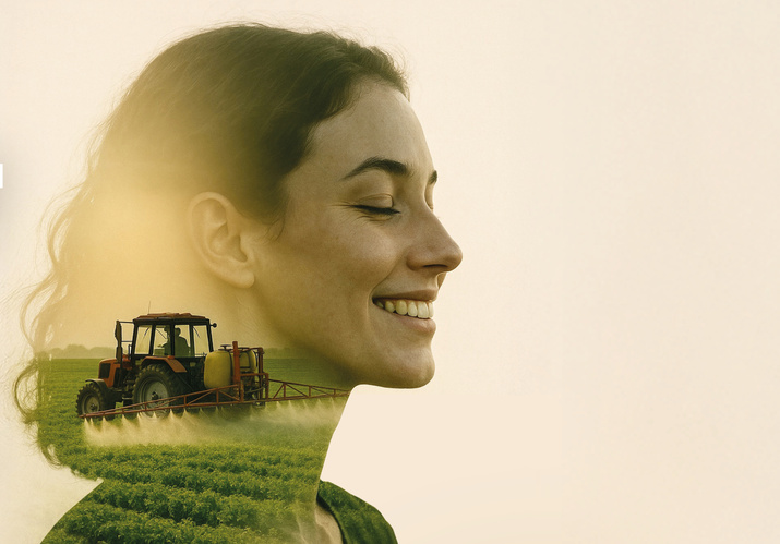 KI generiert: Eine lächelnde Frau mit Traktor und Feld, doppelte Belichtung.