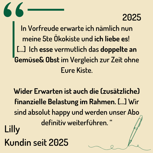 KI generiert: Kundin lobt in einem Zitat die Vorteile der Ökokiste und plant, das Abo fortzuführen.