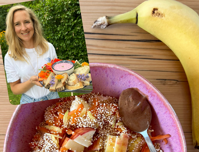 KI generiert: Ein Schüssel mit Quinoa-Salat, einem Löffel Erdnussbutter, einer Banane und ein Porträt einer Person mit einem Teller.