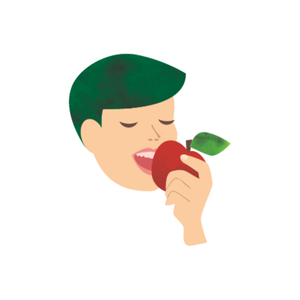 KI generiert: Das Bild zeigt eine Illustration eines Menschen, der in einen roten Apfel beißt. Der Fokus liegt auf dem Genuss des Apfels.