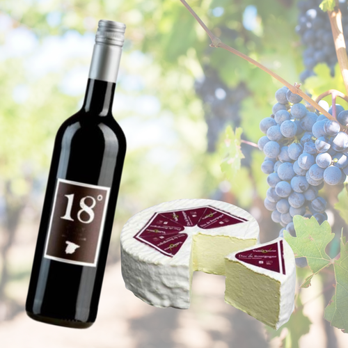KI generiert: Eine Weinflasche und ein aufgeschnittener Weichkäse vor einem Weinberge Hintergrund. Text: "18°".