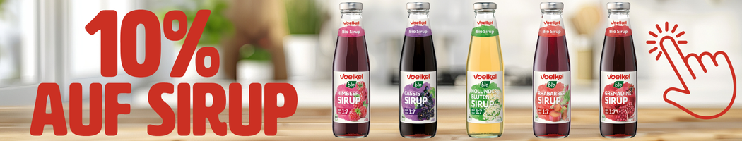 KI generiert: Werbung für Voelkel Sirup mit 10% Rabatt. Fünf Sirupflaschen. Text: "10% AUF SIRUP". 
