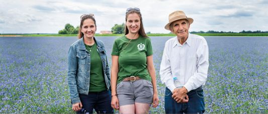 KI generiert: Drei Personen stehen in einem blühenden Feld, der Himmel ist bewölkt. Keine weiteren Textelemente sichtbar.