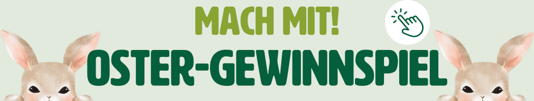 KI generiert: Zwei Hasen und der Text: "Mach mit! Oster-Gewinnspiel".