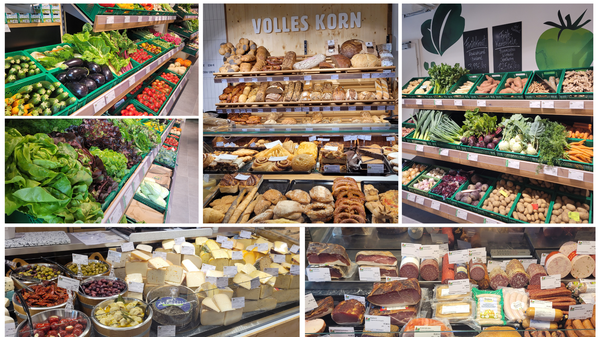 KI generiert: Person schiebt Einkaufswagen im Supermarkt vor Gemüseabteilung. Text: "Lieferservice & Bioabfüllung".