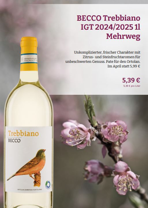 KI generiert: Weinflasche BECCO Trebbiano vor Blumen, mit Preis und Beschreibung. Preis: 5,39 €.