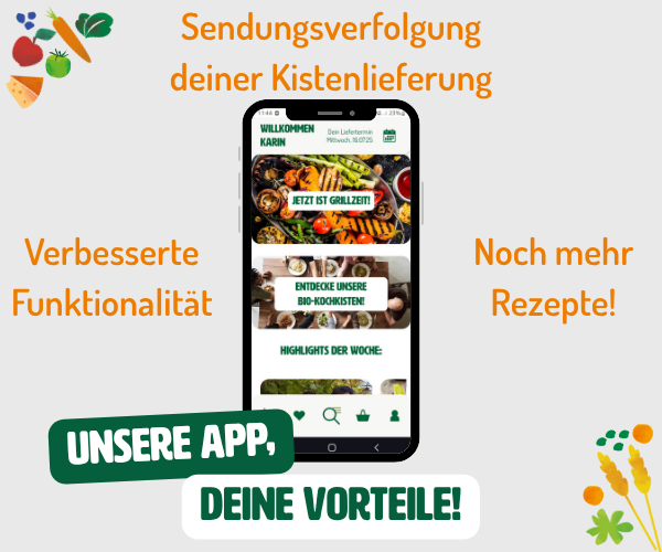 KI generiert: Bild mit Handy-App, Text: "Unsere App, deine Vorteile! Sendungsverfolgung deiner Kistenlieferung. Verbesserte Funktionalität. Noch mehr Rezepte!"