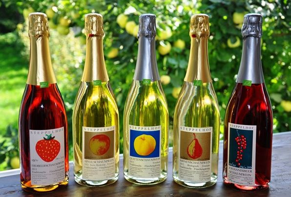 KI generiert: Fünf Flaschen Fruchtsekt von "Steppelhof" in verschiedenen Geschmacksrichtungen stehen draußen.