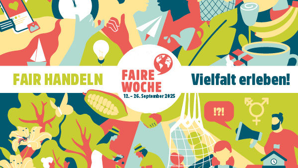 KI generiert: Buntes Poster zur "Fairen Woche" 12.-26. September 2025. Text: "FAIR HANDELN", "Vielfalt erleben!"