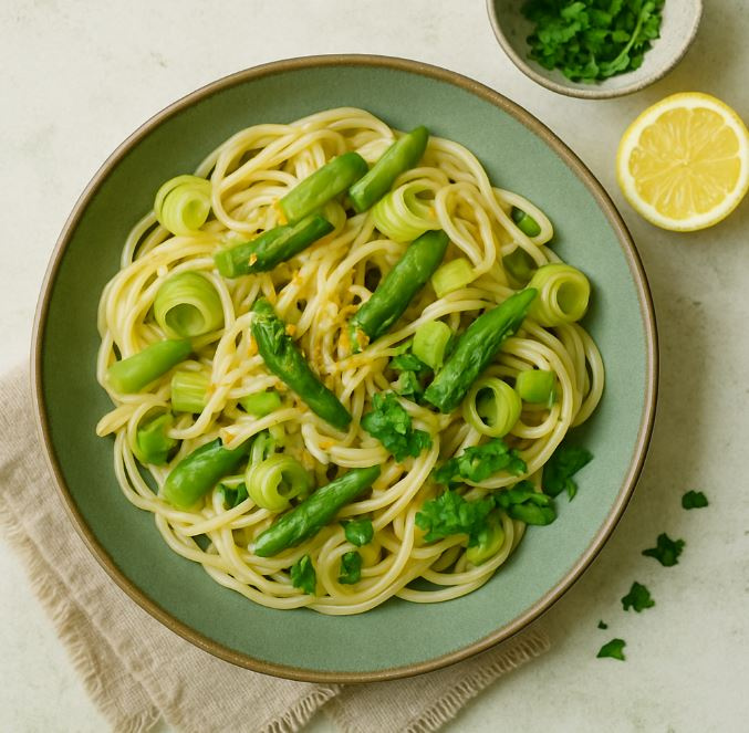KI generiert: Ein Teller Spaghetti mit grünem Spargel und Lauch, garniert mit Petersilie und Zitronenhalfte daneben.
