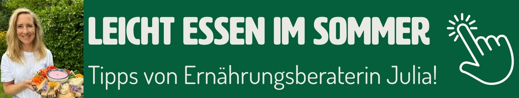 KI generiert: Ernährungsberaterin mit Obstteller; Text: "LEICHT ESSEN IM SOMMER Tipps von Ernährungsberaterin Julia!"