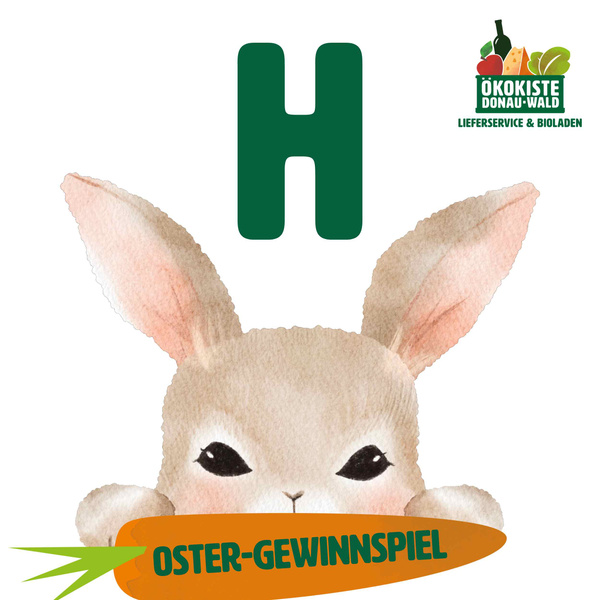 KI generiert: Ein Hase, der hinter einem "Oster-Gewinnspiel"-Banner hervorschaut, mit dem Buchstaben "H" darüber.