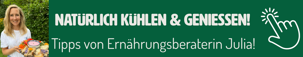 KI generiert: Eine Frau hält eine Schale; Text: "NATÜRLICH KÜHLEN & GENIESSEN! Tipps von Ernährungsberaterin Julia!"