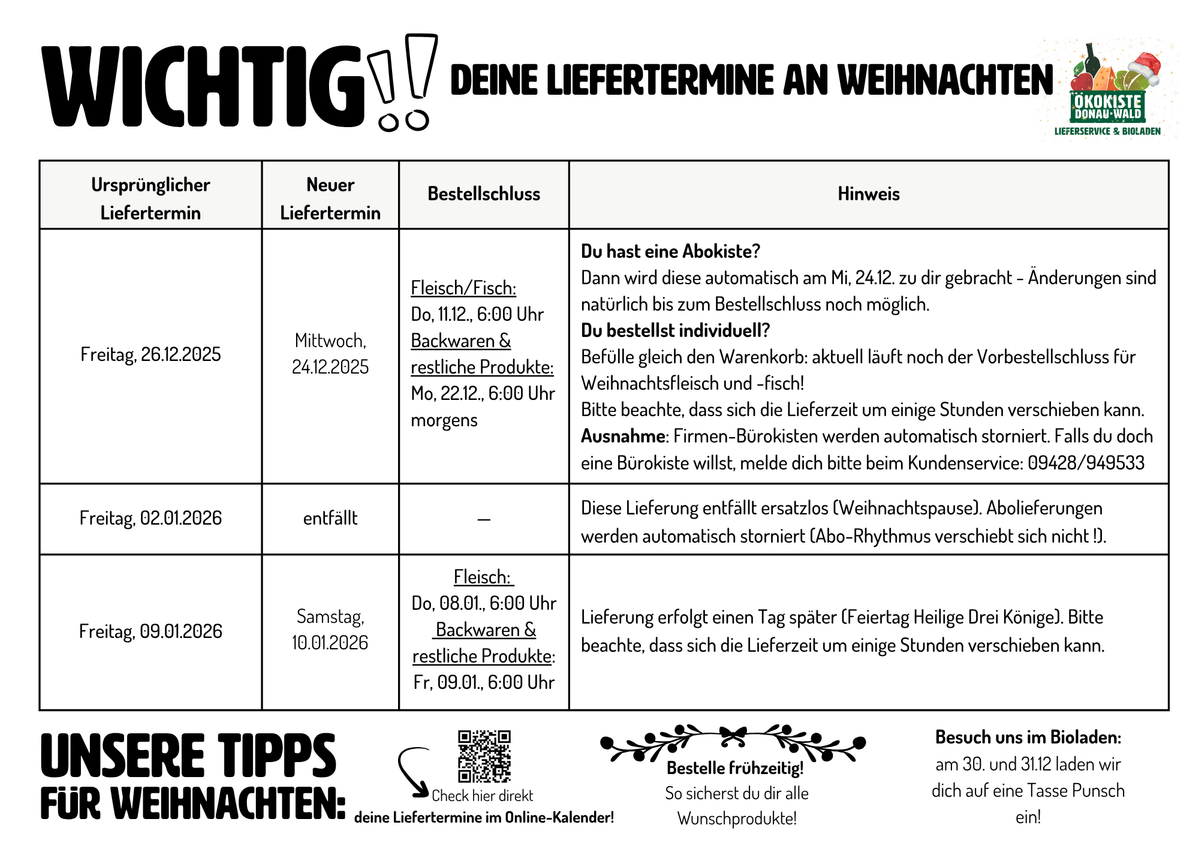 Lieferung von Freitag, 26. Dezember wird vorgezogen auf HeiligabendDie Lieferung wird auf Mittwoch, 24.12. (Heiligabend). vorgezogen. Bitte beachte, dass sich die Lieferzeit um ein paar Stunden verschieben kann. Die Bestellschlüsse für diese Lieferung lauten:Fleisch/Fisch: Donnerstag, 11.12, 6 Uhr morgensBackwaren und restliche Produkte: Montag, 22.12., 6 Uhr morgens  Lieferung von Freitag, 02.01. entfälltDiese Lieferung entfällt ersatzlos. Aufgrund der Weihnachtspause des Lieferservices sind zwischen Weihnachten und Neujahr keine Lieferungen möglich, etwaige Abolieferungen werden automatisch storniert. Der Abo-Rhythmus verschiebt sich dadurch nicht automatisch, bitte bei 14tägigen Abokisten und Dauerartikeln beachten. Besuch uns am 30. oder 31.12. doch im Bioladen auf eine gratis Tasse Punsch!  Lieferung von Freitag, 09. Januar 2026Aufgrund des Feiertags am 06. Januar wird deine Ökokiste am Samstag, 10. Januar geliefert. Dadurch kann sich der Lieferzeitpunkt um ein paar Stunden nach vorne oder hinten verschieben. Die Bestellschlüsse für diese Lieferung lauten:Fleisch: Donnerstag, 08.01., 6 Uhr morgensBackwaren und restliche Produkte: Freitag, 09.01., 6 Uhr morgens