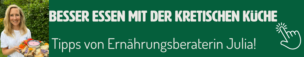 KI generiert: Eine Frau hält einen Obstkorb. Text: "BESSER ESSEN MIT DER KRETISCHEN KÜCHE Tipps von Ernährungsberaterin Julia!"