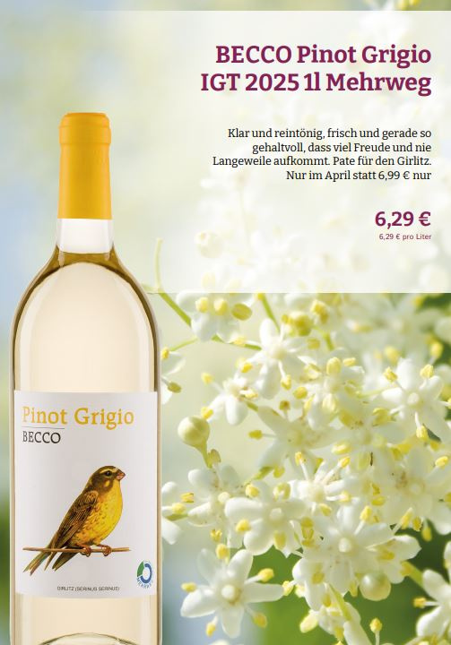 KI generiert: Weinflasche mit Vogeletikett, blühender Hintergrund. Text bewirbt Becco Pinot Grigio für 6,29€ im April.